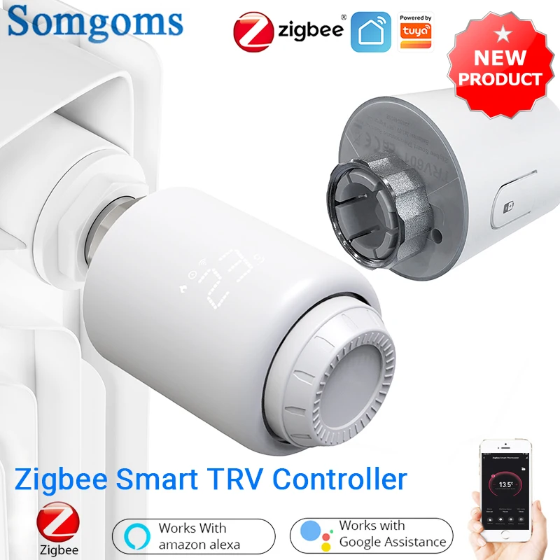 

Somgoms Tuya Smart Zigbee 3.0 Thermostatic Radiator Valve TRV Programmable Heating Temperature Controller Alexa Voice Control