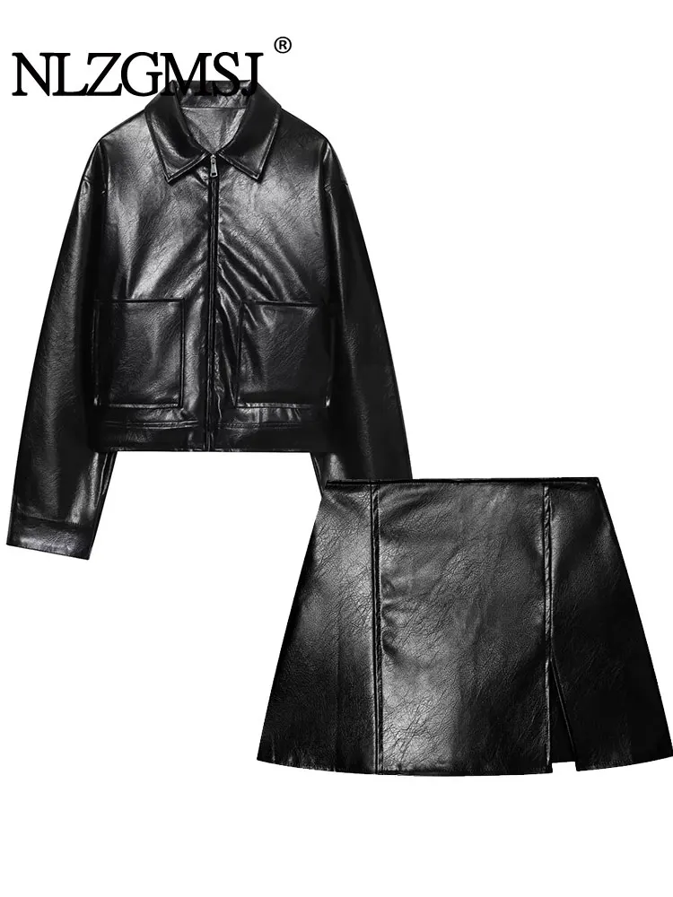 

NLZGMSJ винтажный женский костюм из искусственной кожи, куртки с отложным воротником и длинными рукавами, прямая мини-юбка, модный осенне-зимний костюм 2025 г.