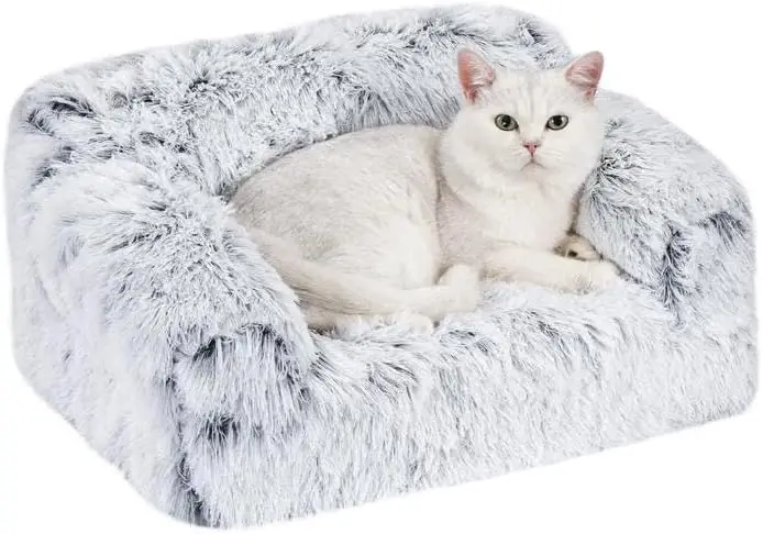 

Диван-кровать для кошек и щенков — пена с высокой поддержкой, мягкий пушистый моющийся чехол, нескользящая подошва — светло-серый