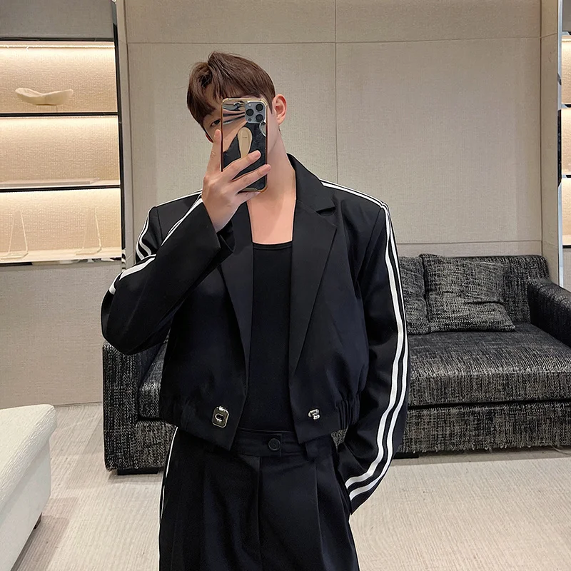 IEFB Korean Fashion Striped Short Suit Wide Leg Pants Two-piece Sets 2023 New Spring Casual Long Sleeve Male Clothing 9A7289