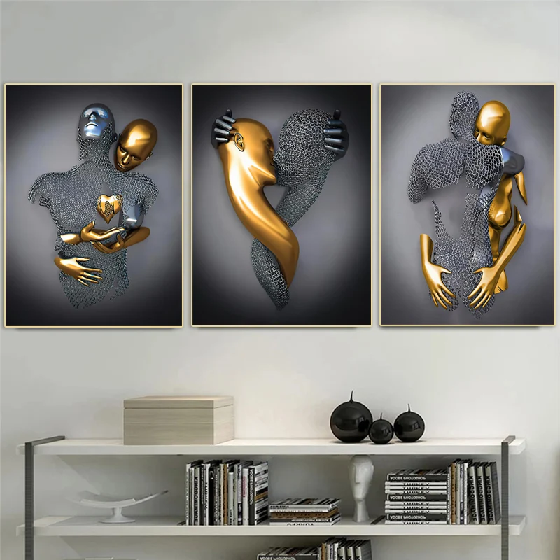 Black and Gold Love Heart Figure Statue Canvas Painting Modern Art Posters and Prints Wall Pictures for Living Room Home Decor