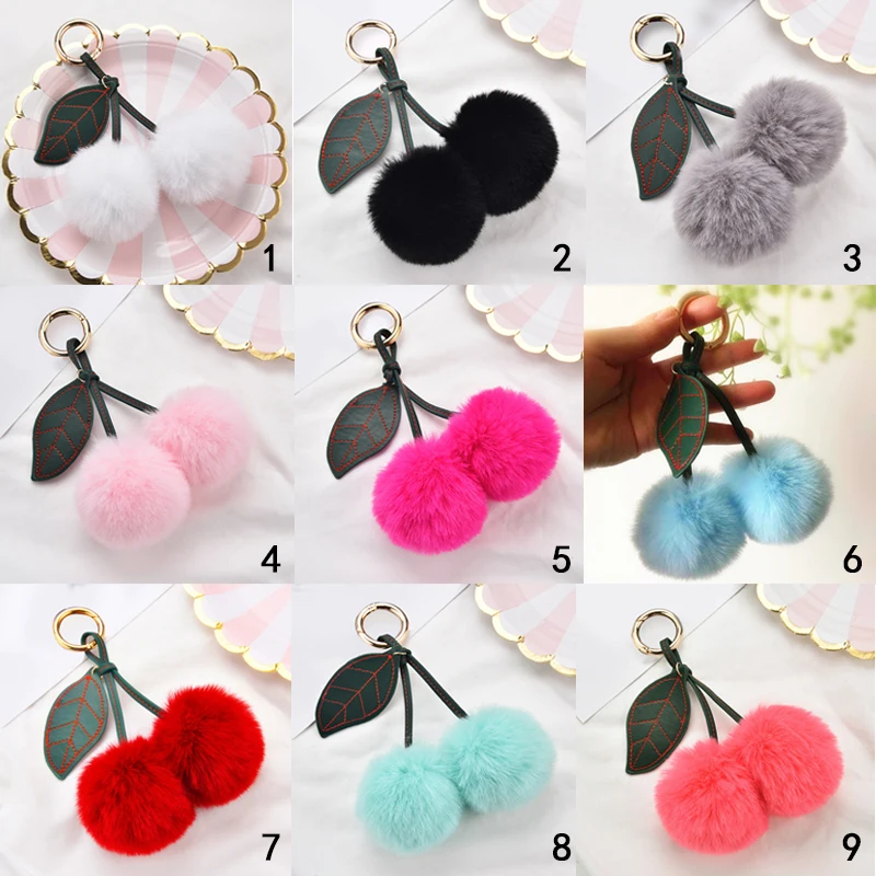 Moda New Bonito Fofo Artificial Pele De Coelho Bola Pompom Folha Chaveiro Cherry Chaveiro Bolsa Pingente Car Chaveiro Anel