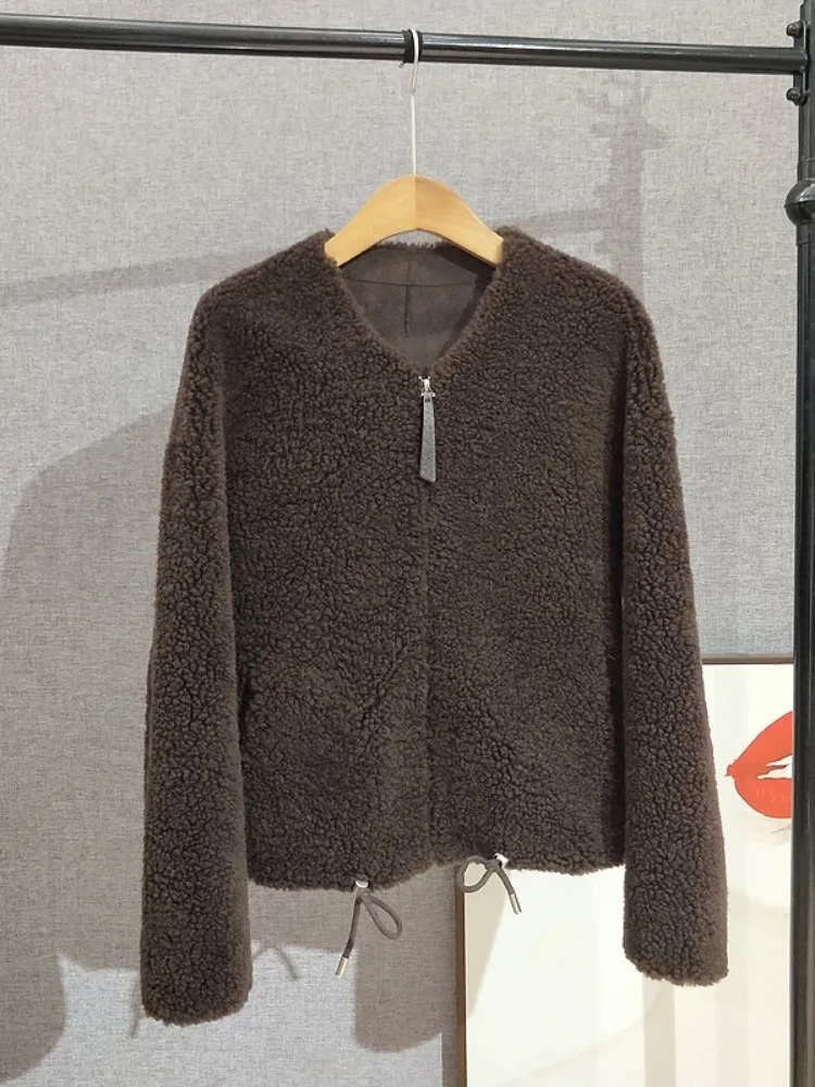 Mulheres inverno quente real pele de ovelha casacos curtos em linha reta solto ajuste zíper casaco de lã o pescoço à prova de vento outerwear jaqueta de cor sólida