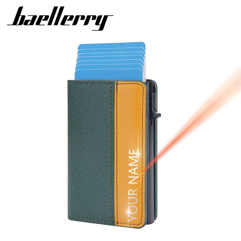 Baellerry-Mini porte-cartes RFID pour hommes, porte-cartes de gravure de nom, sacs à main courts pour hommes, portefeuille Popup mince, qualité supérieure, nouveau