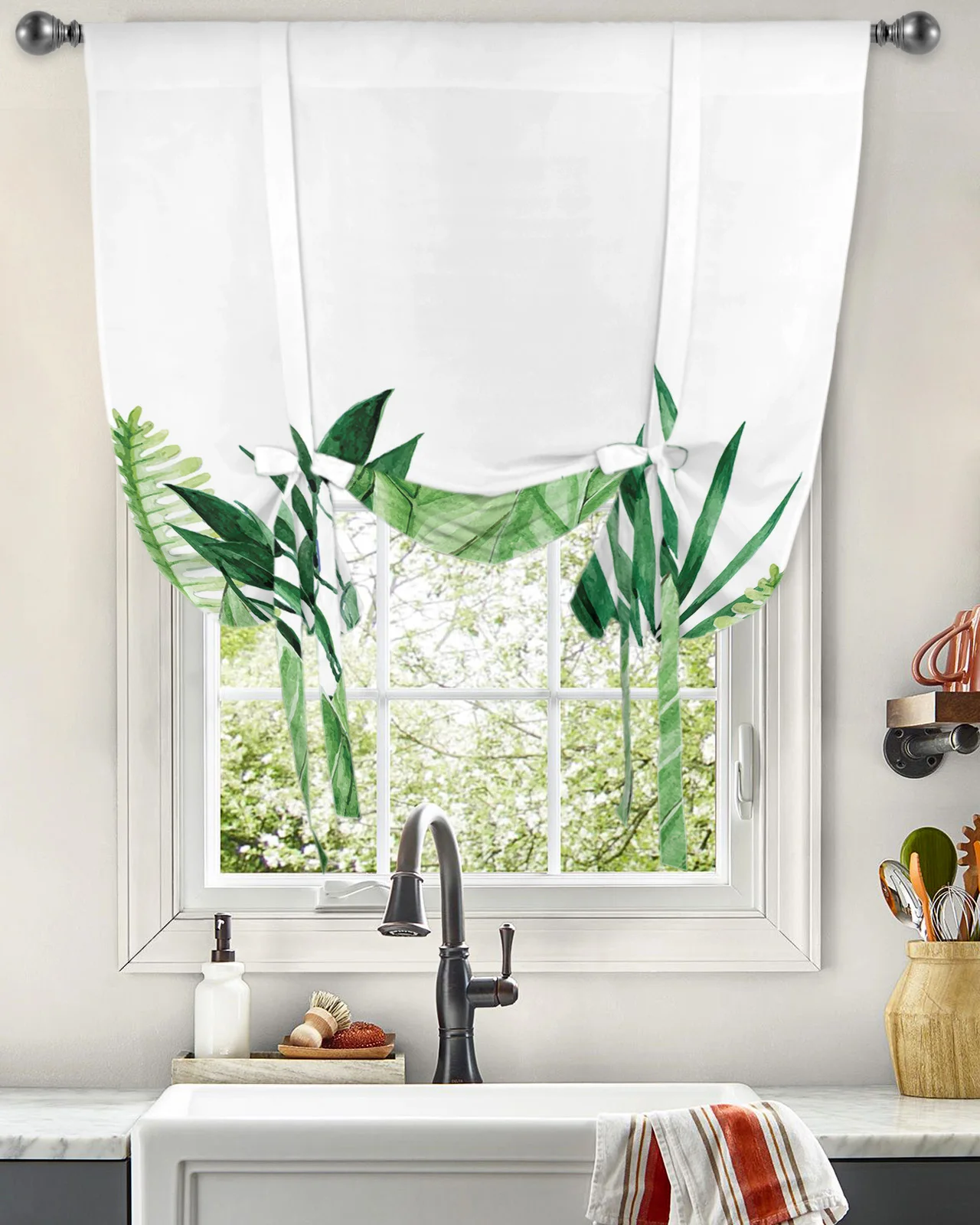 Green Tropical Plants Leaves Curtain for Living Room Kitchen Tie-up Short Curtains Adjustable Rod Pocket Drapes