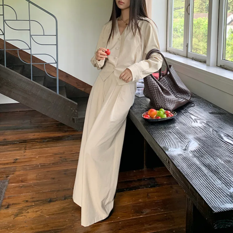 KWTX 여성용 투피스 세트 2025 봄 여름 캐주얼 레트로 V넥 긴팔 셔츠 하이웨이스트 와이드 레그 팬츠 우아하고 편안함