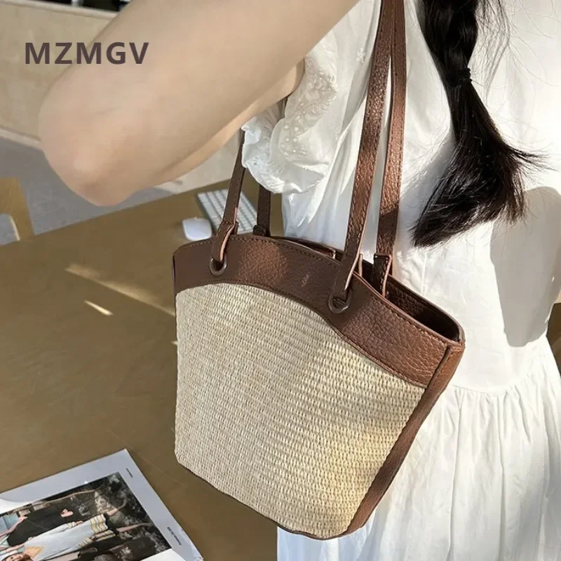 

Summer Ladies Seaside Travel Holiday Beach Bag Fashion Patchwork Pu Leather Straw Bucket Bag Female Shoulder Bag Handbag Purses