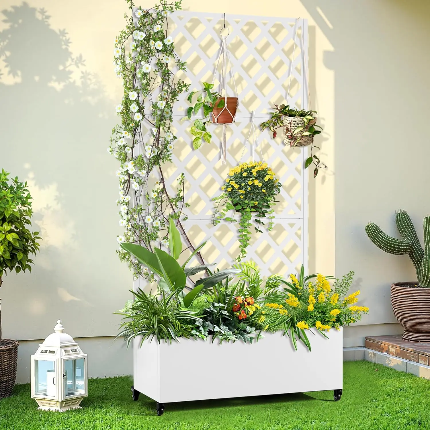 

Металлическая решетчатая коробка для цветов с колесами и сливной пробкой. Поднятая садовая кровать для улицы. Экран конфиденциальности для патио с кашпо для планов в скалолазании.