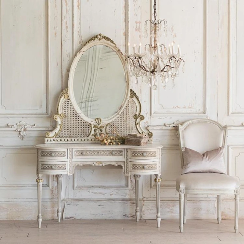 

Vintage old solid wood dressing table rattan bedroom white with mirror