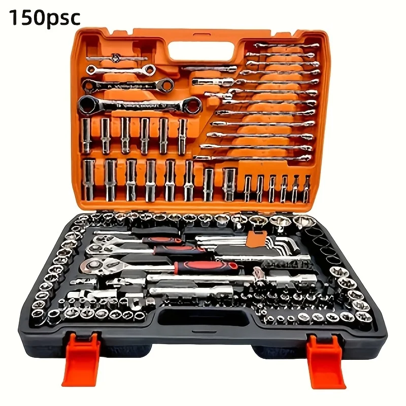 53/150pcs Heavy-Duty SAE Socket Wrench Set, Professional Mechanics Tool Kit - Garage & Roadside Emergency Repair Tools