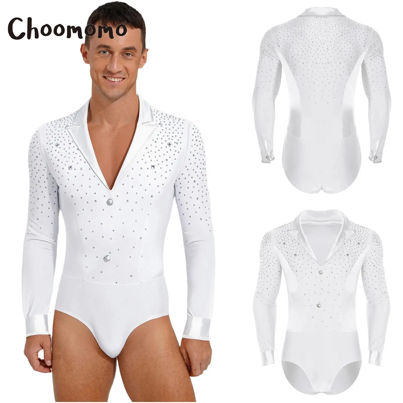 

Mens Gymnastics Workout Bodysuit Latin Tango Dance Leotard With Glittery Rhinestone Long Sleeve Patchwork For Chacha Performance
