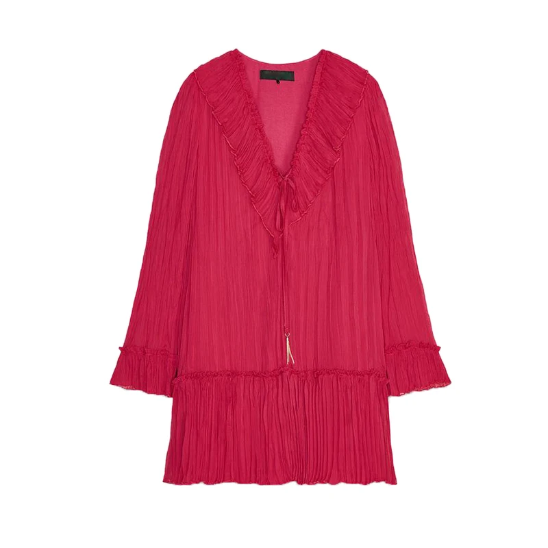 Vestido f de manga crida com decote em V, , com enfeites dous, decorações em camadas, saia psada, elegan...