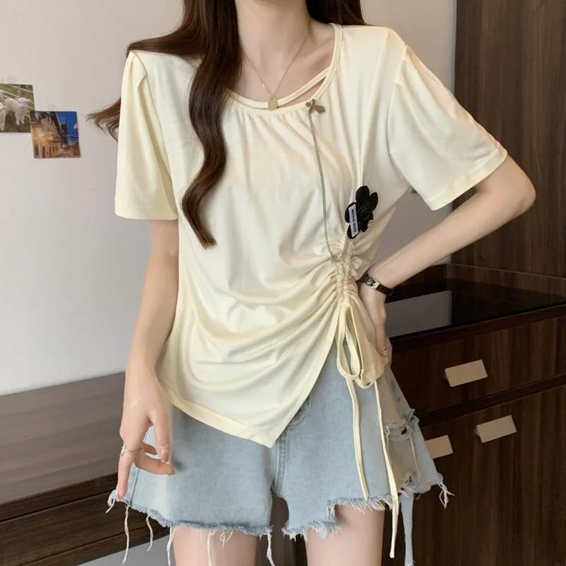 DAYIFUN Ladies' Chain Brooch T-shirt Summer Design Drawstring Loose Short Sleeve Round Neck Tops Irregular Split Elegance Blusas