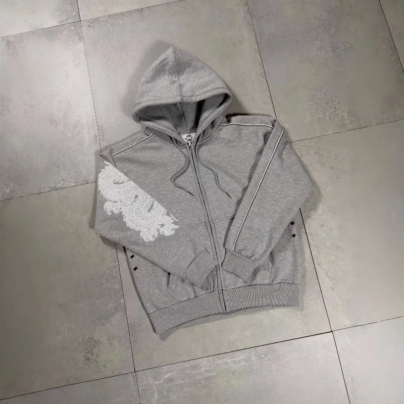 

Chinese Dragon Print Zip Up Hoodie Sweatpants Set Men Oversized Grey Streetwear Tracksuit Harajuku Sudaderas Pantalones Hombre