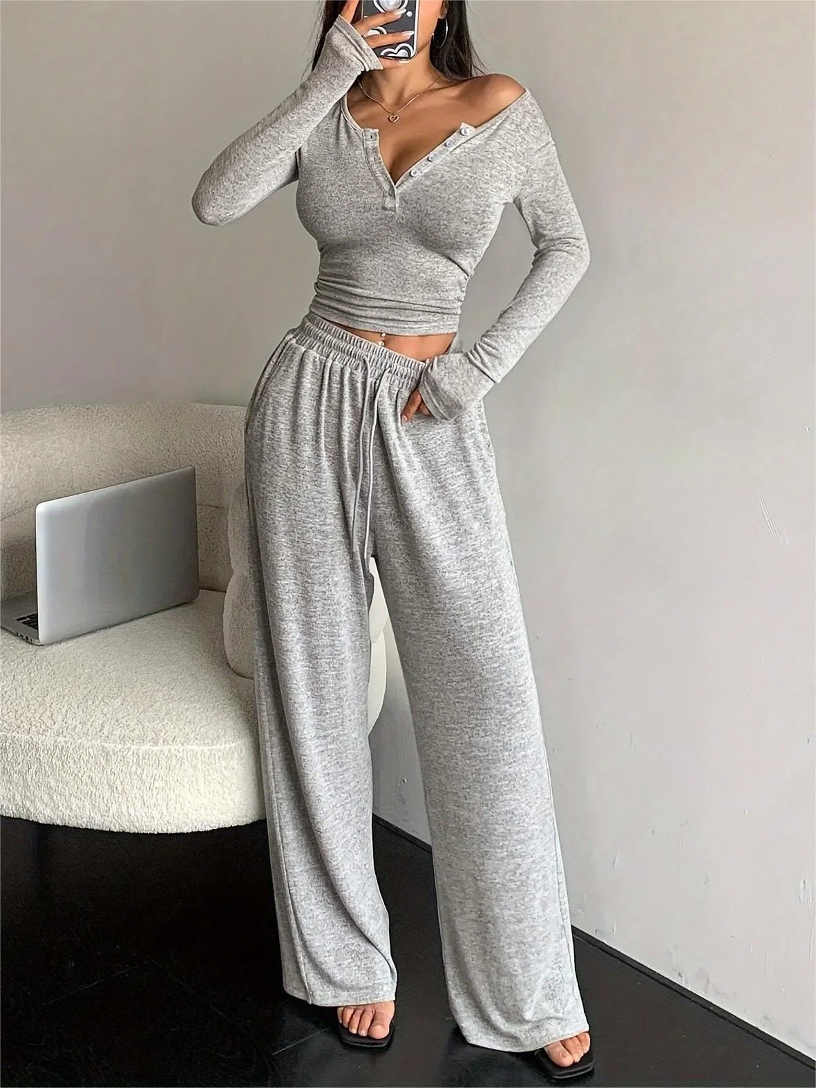 

Women's Pajamas Sexy Tight-fitting Button V-neck Long-sleeved Drawstring Long Trousers Two-piece Set Casual Simple Homewear