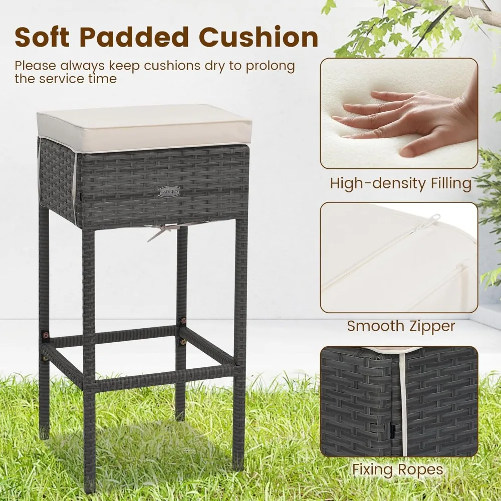 Set Bar Luar Ruangan dengan Rotan Anyaman, 4 Kursi Bar Empuk, dan Meja dengan Penyimpanan Tersembunyi untuk 5 Orang