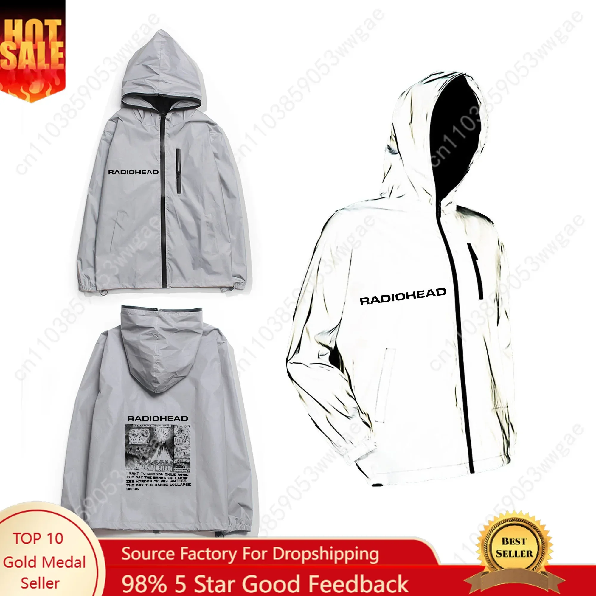 Radiohead Rock Band Reflective Jacket Men Women Coat Hooded Windbreaker Run Pocket Jackets Cycling Hiking Zipper Custom Hoodie