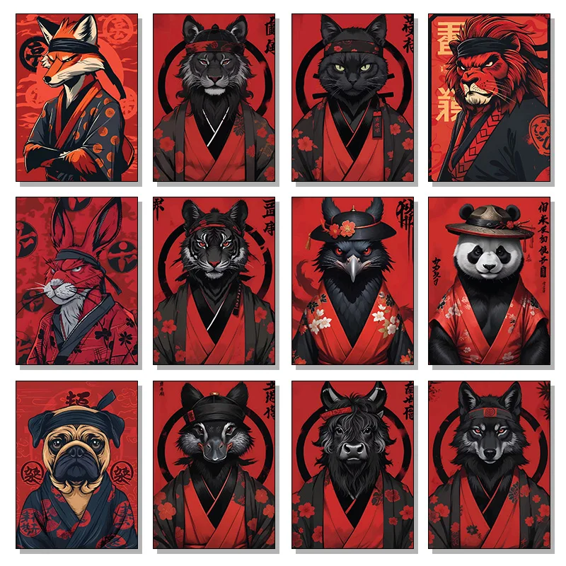 Japanese Kimono Animal Black Red Poster Handsome Animals Prints Canvas Painting Wall Art Pictures Home Room Vintage Decoration