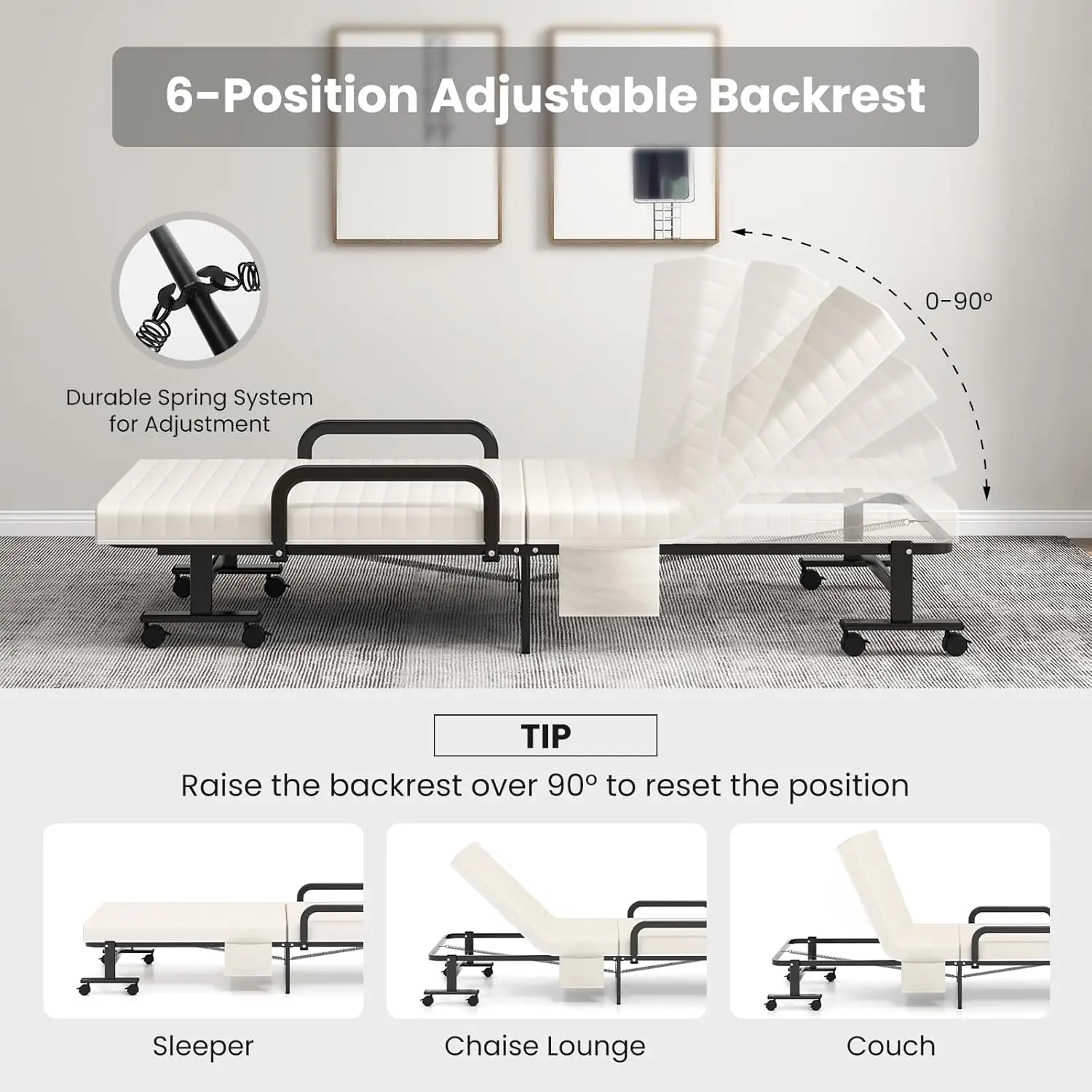 Folding Bed with Mattress, Foldable Portable Guest Bed w/Adjustable 6 Position & Side Storage Pocket, 660 LBS Fold up Bed