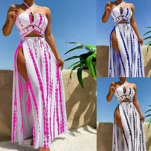 

New European and American style split bikini with sexy cross straps, anti chiffon skirt, beach vacation and hot spring