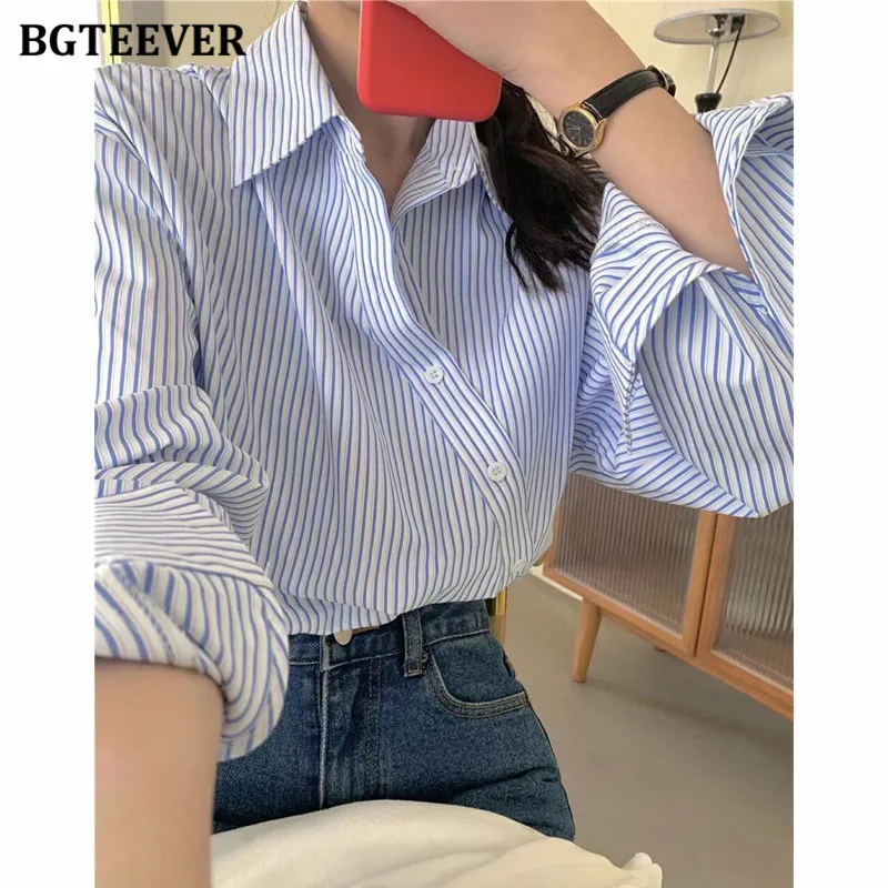 BGTEEVER Casual Lapel Women Striped Blouses Spring Summer Long Sleeve Single-breasted Shirts Blusas for Women