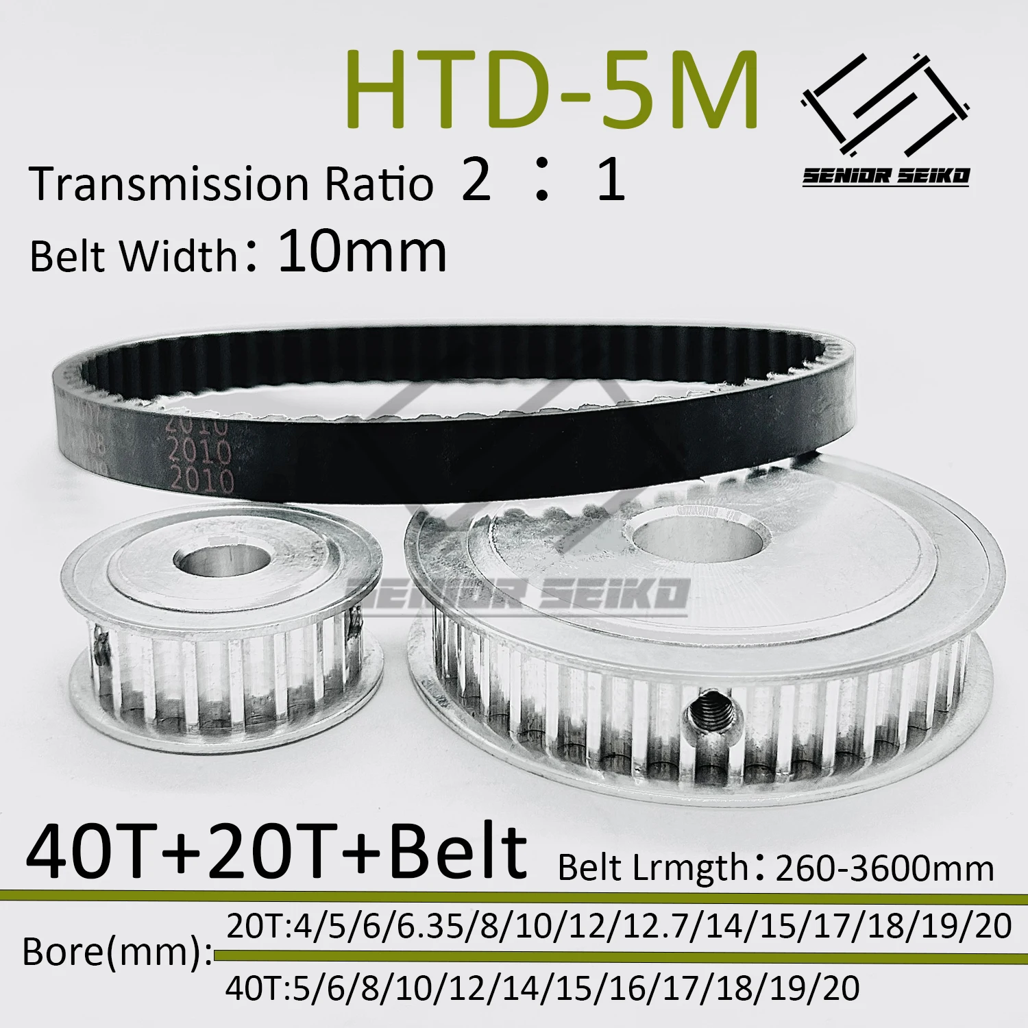 HTD5M Kit 40Teeth 20T Timing Pulley Belt Set Belt Width 10mm Bore 4~20mm Reduction 2:1 Deceleration Pulley Kit Synchronous Wheel