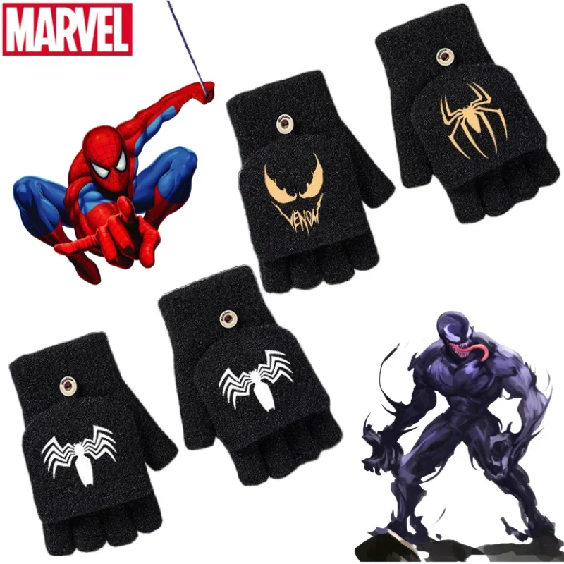 The Avengers Spiderman Peripheral Movies Autumn and Winter Cartoon Print Children's Warm Windproof Flip Half Finger Gloves Gift