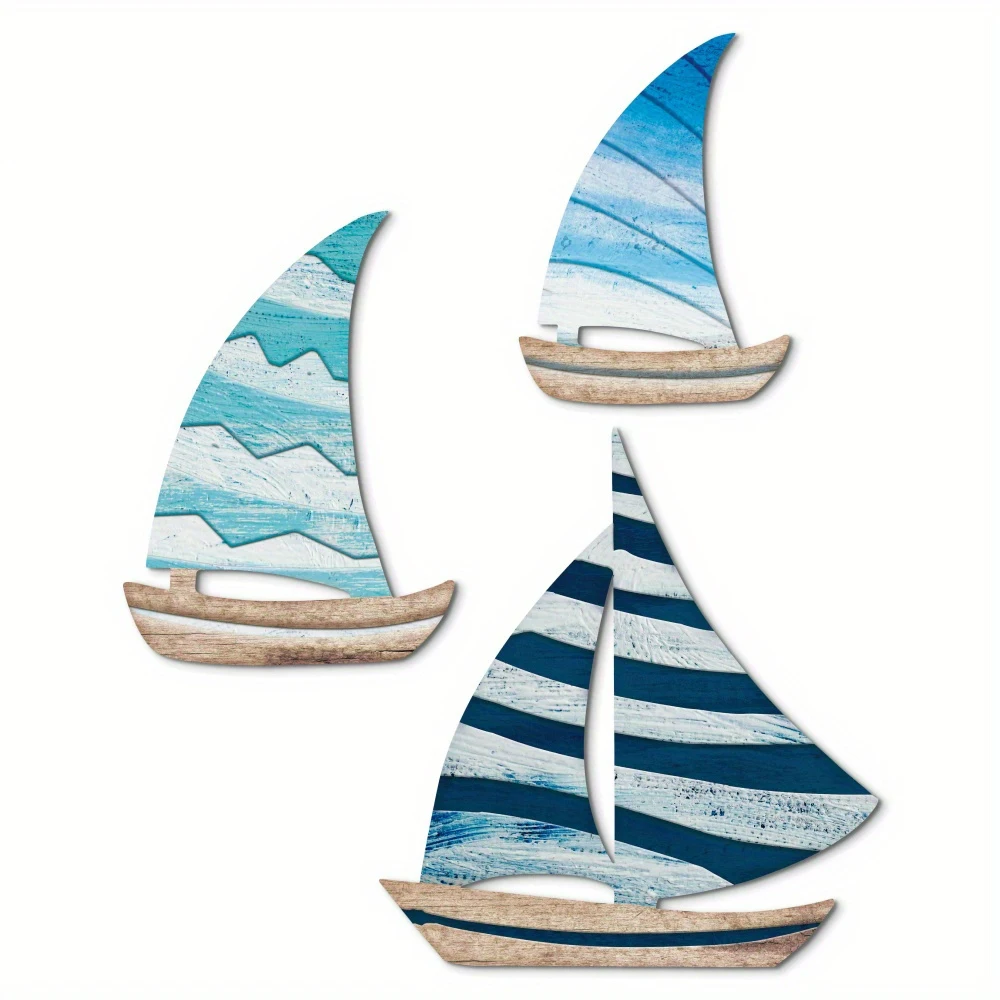 3pcs Blue Wooden Marine-themed Sailboat Wall Ornament Family Farmhouse Cafe Wall Decoration Colorful Printing Decoration Gifts