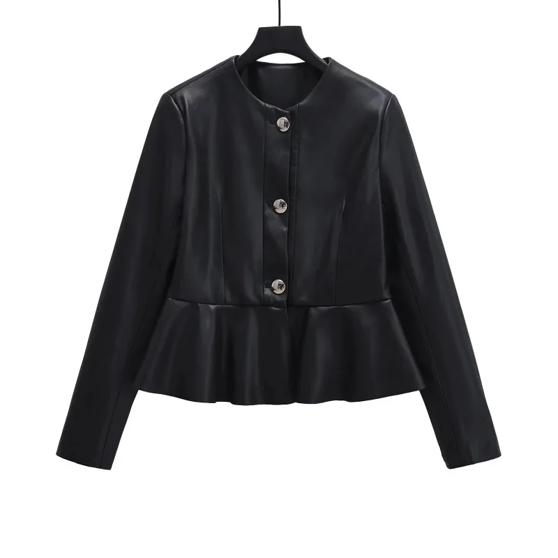 เสื้อแจ็คเก็ตผู้หญิงสไตล์วินเทจ หนังเทียมสีดำ คอทรงกลม แต่งลูกไม้ที่ชายเสื้อ แขนยาว ติดกระดุมแถวเดียว ผ้า PU