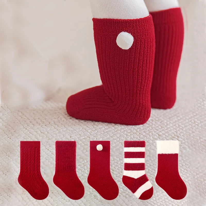 

2025 New Year Baby Winter Thicken Socks Kids Cute Stripe Color Matching Warm Floor Socks Children Girls Fleece Padded Socks