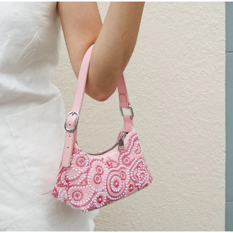 Luxuriöse Perlenverzierte Handgefertigte Stofftasche mit Blumenmuster, Vintage-Handtasche, Elegante Leichte Abendtasche für Damen – Detail 6