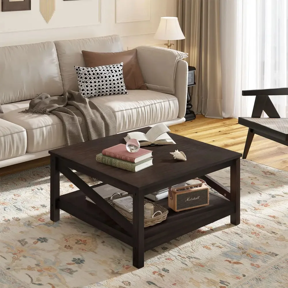 31.5" Modern Square Wood Coffee Table With Open Storage Shelf For Living Room