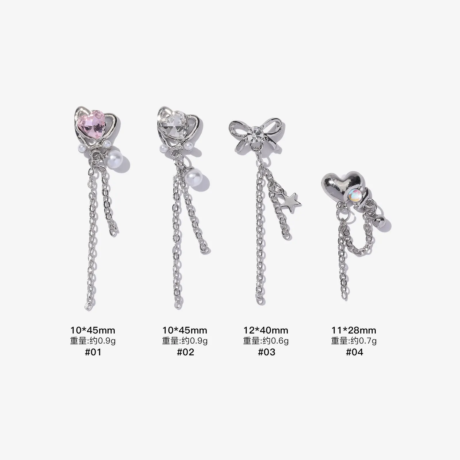 3Pcs Luxury Silver Nail Art Diamond Dangle Bow Tassel Chain Pink Black Red Heart Peal Decoration DIY Nail Art Charms