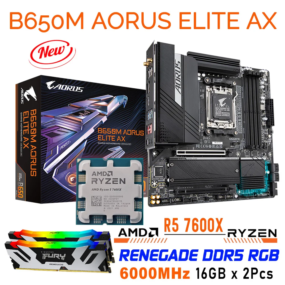 

Gigabyte B650M AORUS ELITE AX AM5 Motherboard Combo R5 7600X AM5 CPU + Kingston RAM 6000MHz 32GB RGB AM5 Mainboard Ryzen 7600X