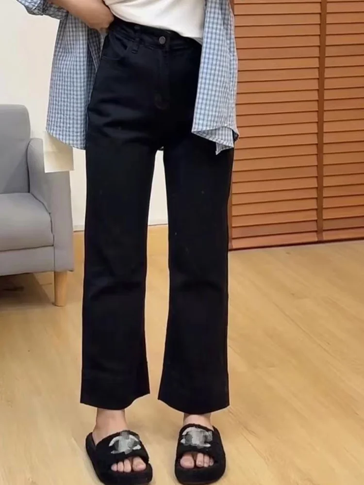 

High Waist Black Elastic Denim Jeans Women's Spring plus Size Small Tall Slim Straight Tube Pants Commute Style Standard Fit