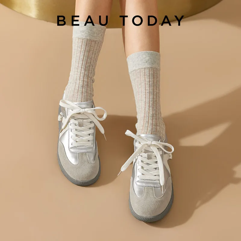 BEAUTODAY Sneakers Women Cow Suede Lace-up Shoes Buckle Design Silver Color Splicing Fashion Ladies Pedal Flat Handmade 29843