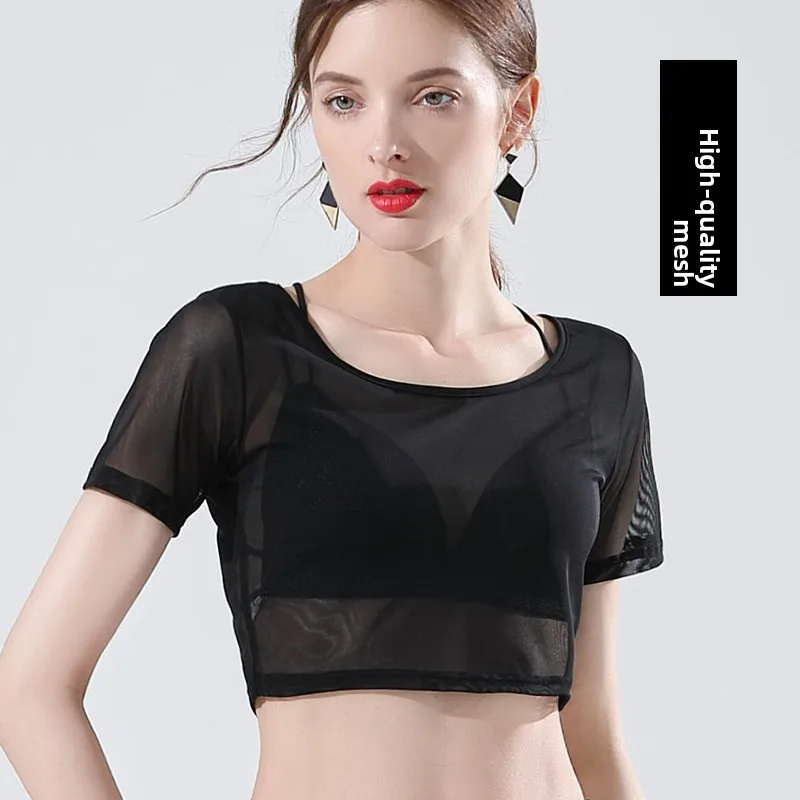 

New Women's Black Lace Mesh Base Shirt Short Sleeve Low round Neck Half Body Inner Wear Slim Fit Base Top Pure Color Ver...