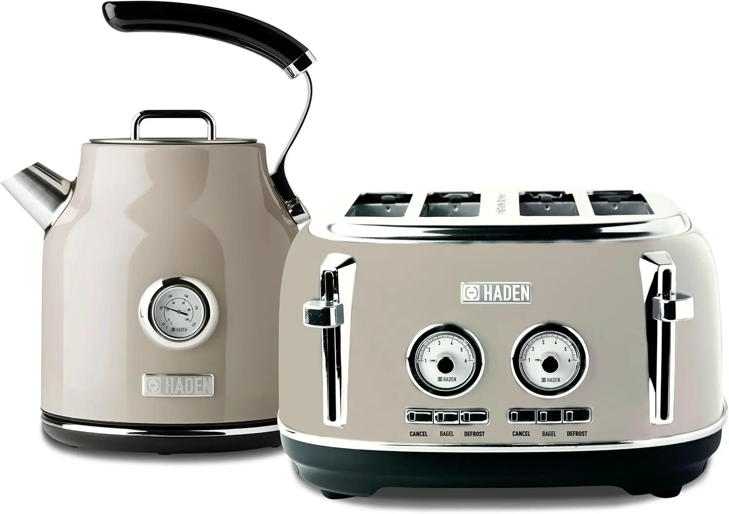 Wide Slot Stainless Steel Toaster Bundled with 1.7 Liter Stainless Steel Electric Kettle with 360-Degree Base, Putty & Chrome