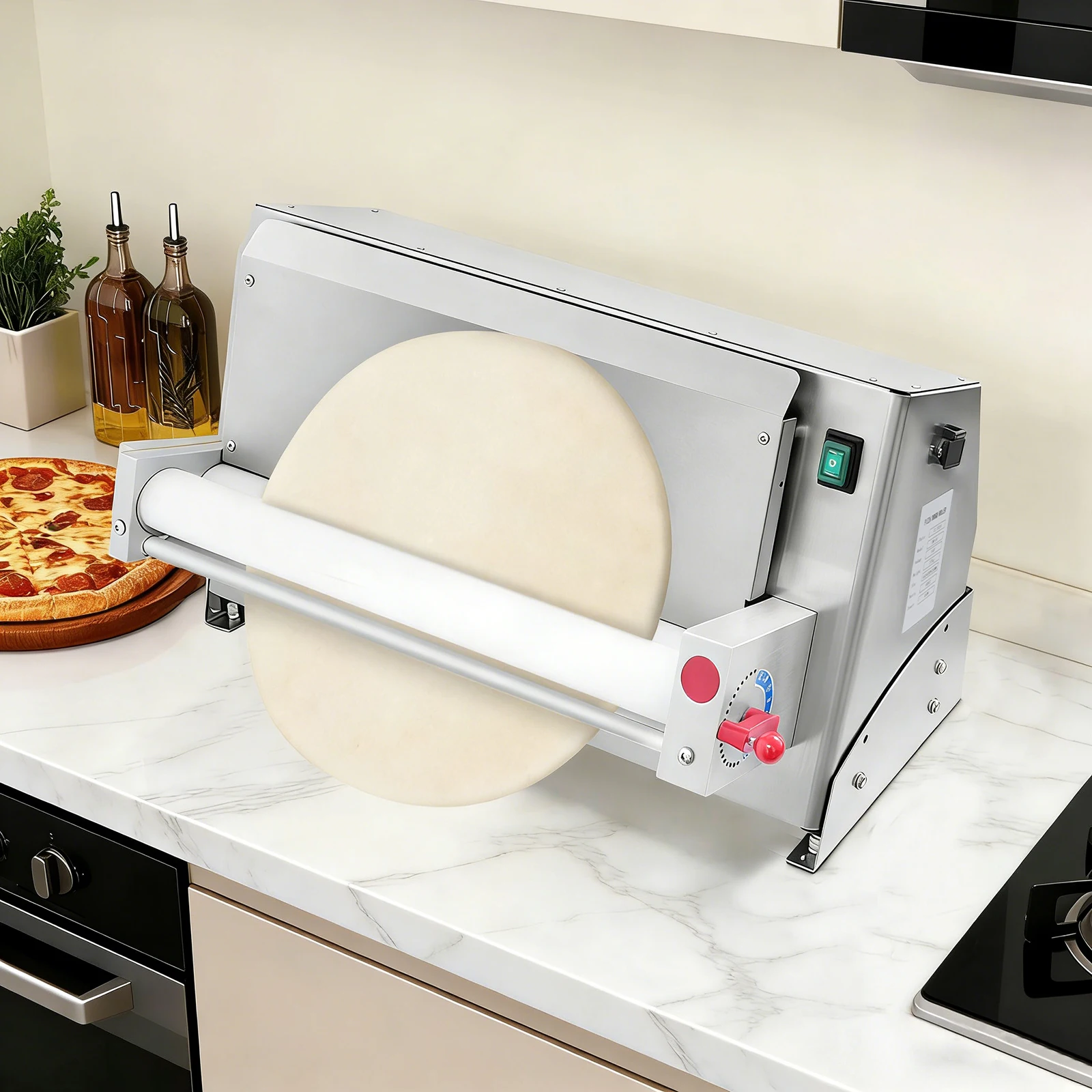 

450w Electric Pizza Dough Machine Adjustable Thickness Dough Roller Pizza Crust Making Machine with Foot Pedal Tabletop Wall Mount for Bakery Use
