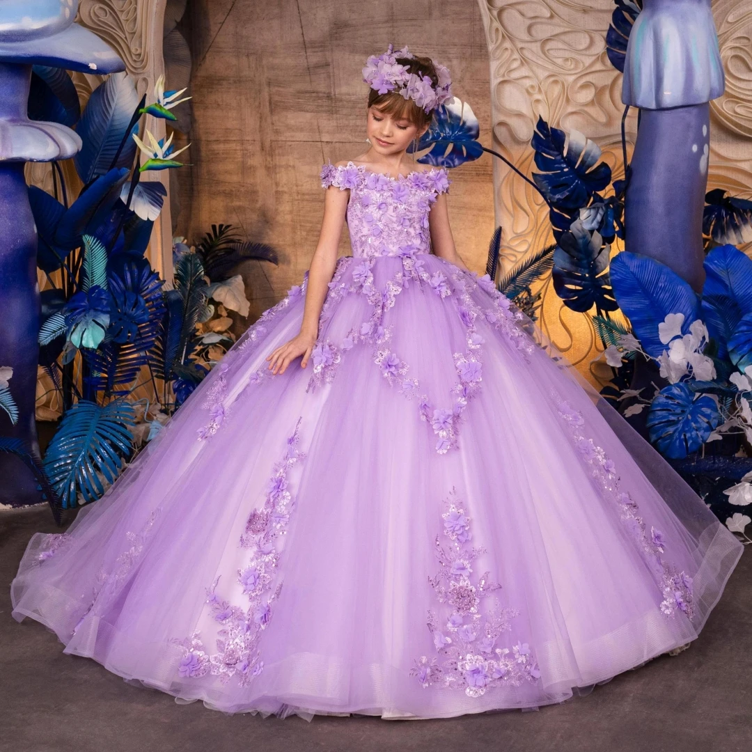 

Customized Lilac Flower Girl Dress Tulle Flowers Appliques Trailing Sleeveless For Wedding Birthday Prom Banquet Princess Gown
