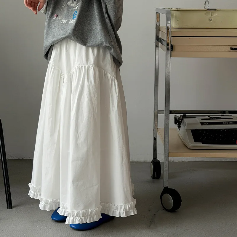School Teen Girls White Ruffle Skirt Loose Cotton Long Skirt Ruffled Hem Kids Casual Daily Outfit 2026 Spring Summer Bottom Wear