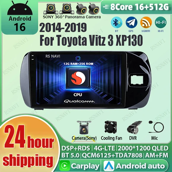 Android 16 Carplay Auto 2K Screen Car Radio Multimedia Player For Toyota Vitz 3 III XP130 2014 - 2019 2 din Autoradio GPS Stereo