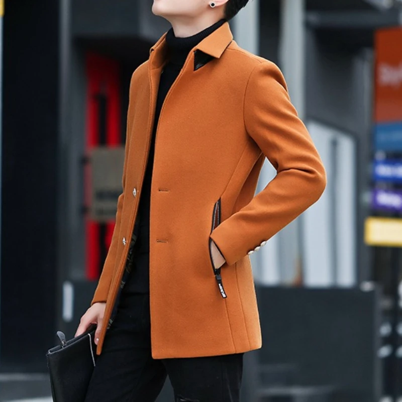 2025 Autumn Winter Woolen Jacket Men's Medium Long Windbreaker Korean Thickened Warm Slim Fit Casual Business Wool Blends Coat