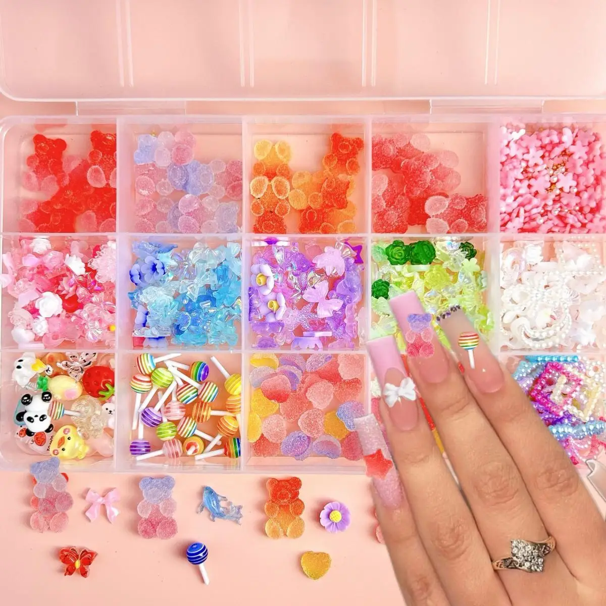 

1 Box Mixed Multi-Color Series Bow Flower Star Nail Art Decorations 3D Resin Simulated Cute Candy Lollipop Nail Charms Supplies