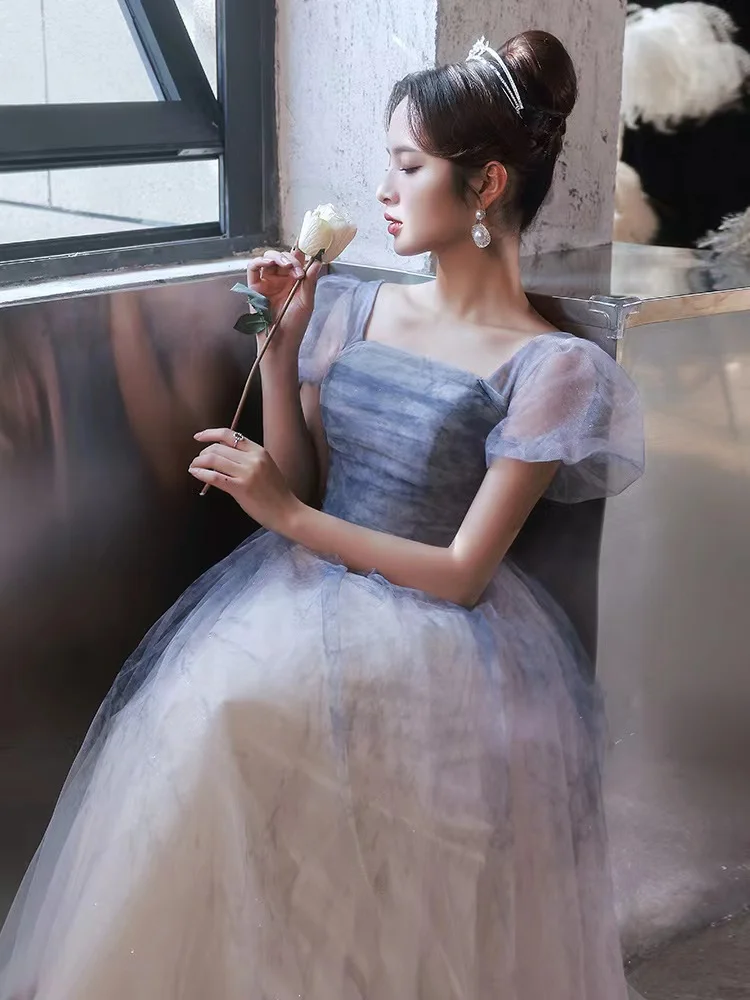 

Gradient Blue Celebrity Dress Short Sleeves Square Collar Sexy Backless Slim Host Performance Banquet Party Bridesmaid Prom Gown