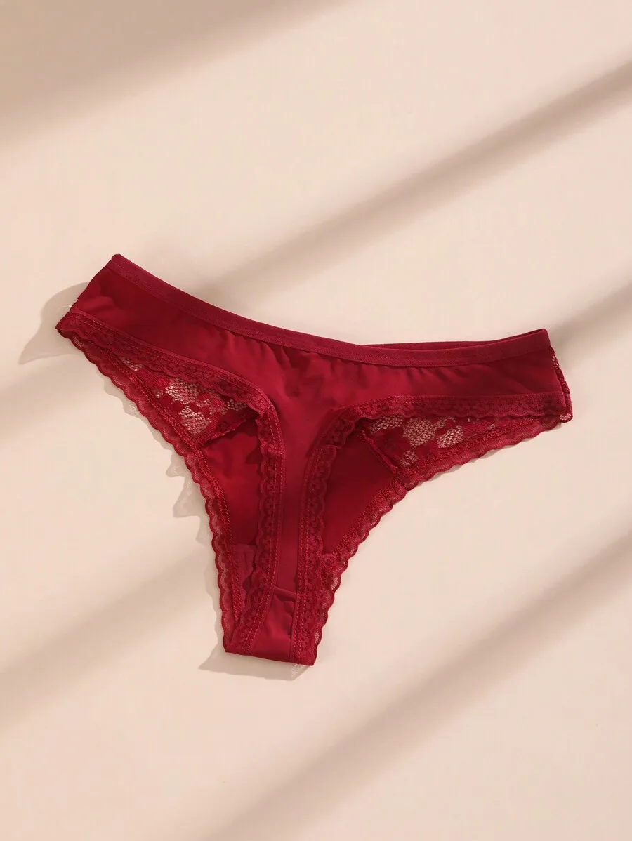 

Womens Low Waist Lace Spliced Thong Panties Ice Silk Hollow Out Underwear