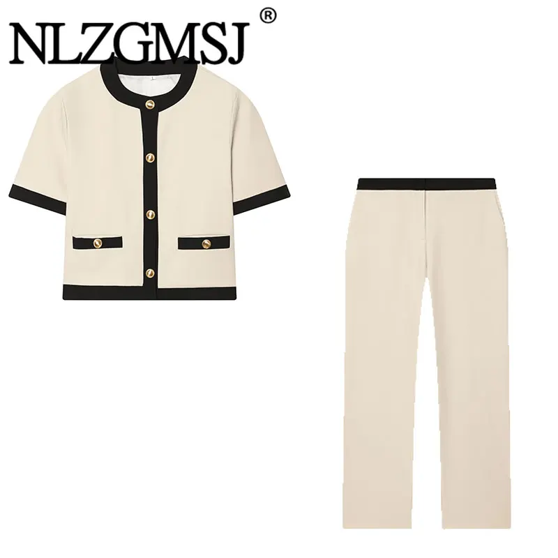 NLZGMSJ 2026 Frühling Damen-Sets Farbblockierung Einreihiger Knopfverschluss Kurzarm Crop Top Damen Hosenanzüge