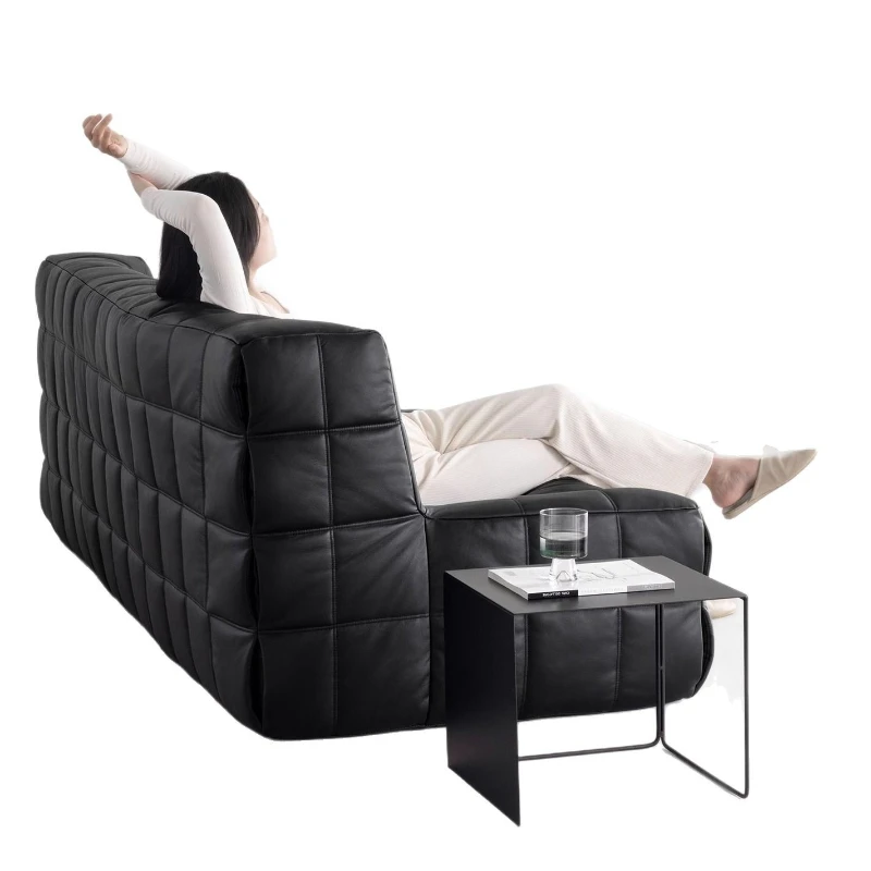 

Black retro tofu square lattice lazy light luxury sofa straight row floor double triple