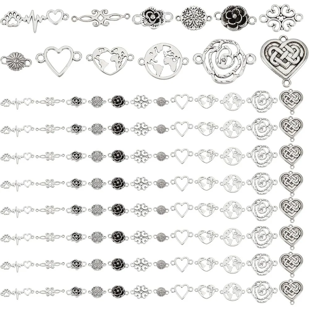 120pcs Flower Charms Connectors 12 Styles Heart Clover Pendants World Map Links Charms Metal Charms for Valentine's Day