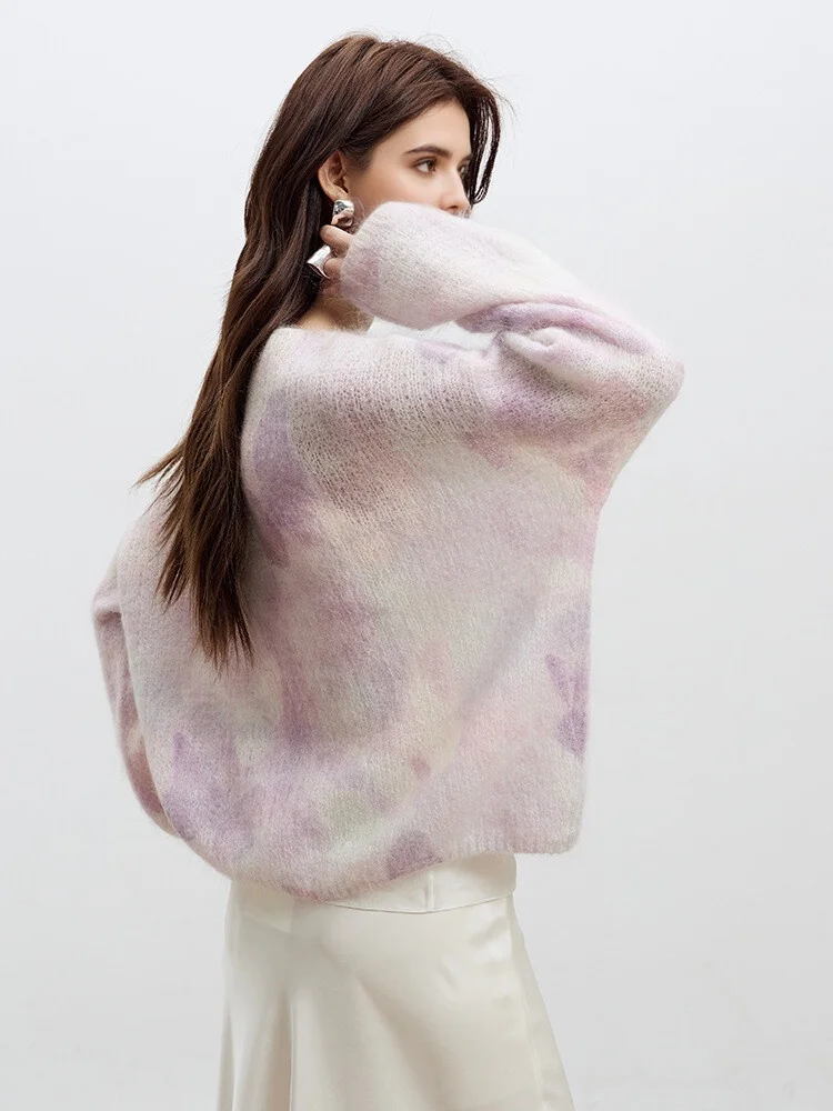 SuyaDream、女性用プリントプルオーバー、羊毛セーター、ビーズ、ラウンドカラー、2025秋冬ファッショナブルなトップス、グリーン、パープル